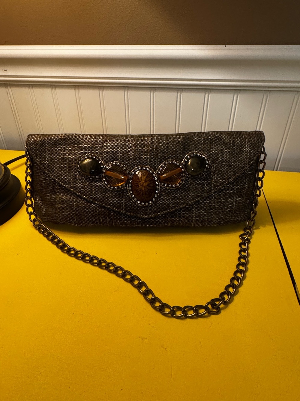 Chico's embellished foldover clutch in a brown/bronze metallic linen material